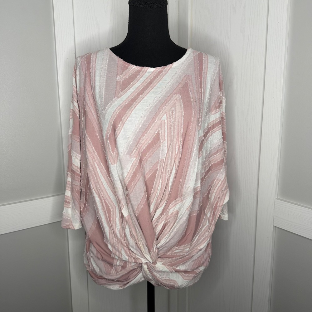 Oliver Top Women Large Pink White Abstract Stripe Twist Front Dolman Sleeve